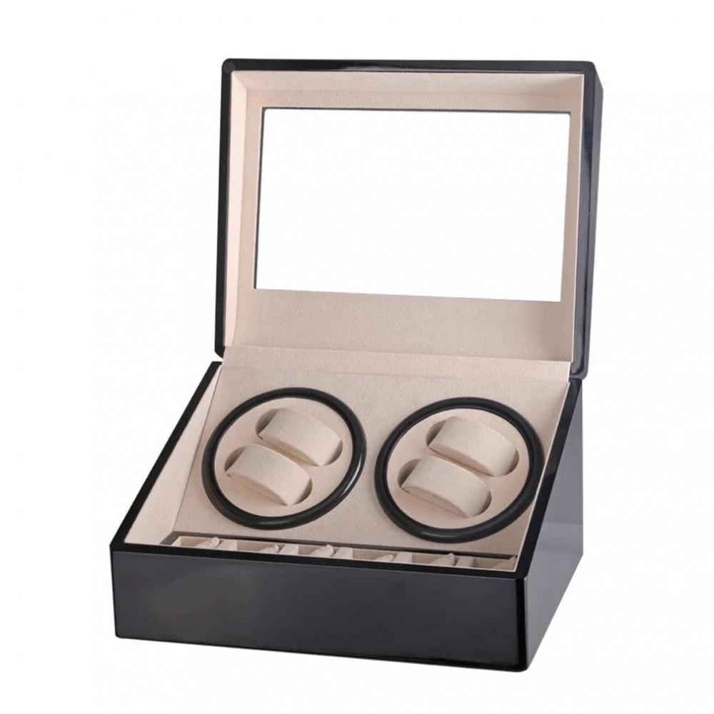 DELUXE DOUBLE WATCH WINDER DISPLAY BOX IN BLACK LEATHER