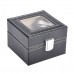 DELUXE DOUBLE WATCH WINDER DISPLAY BOX IN BLACK LEATHER