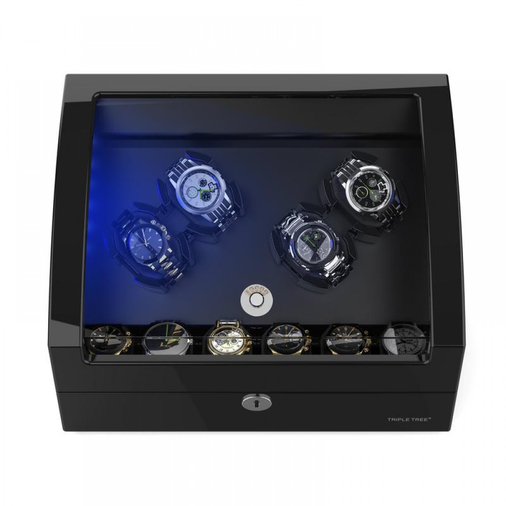 WOODEN WATCH WINDER 4+6 PINAO BLACK WITH EXTREMELY SILENT MOTOR