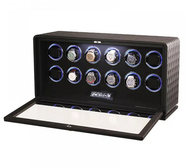 12 pieces watch winder with storage, carbon fiber